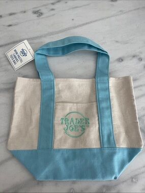 Trader Joe's Canvas Mini Tote Bag in Light Blue and Natural